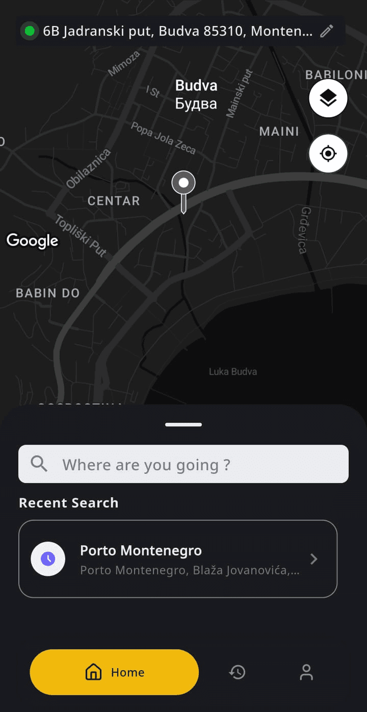 Blic Taxi app showing the booking screen with a map of Budva